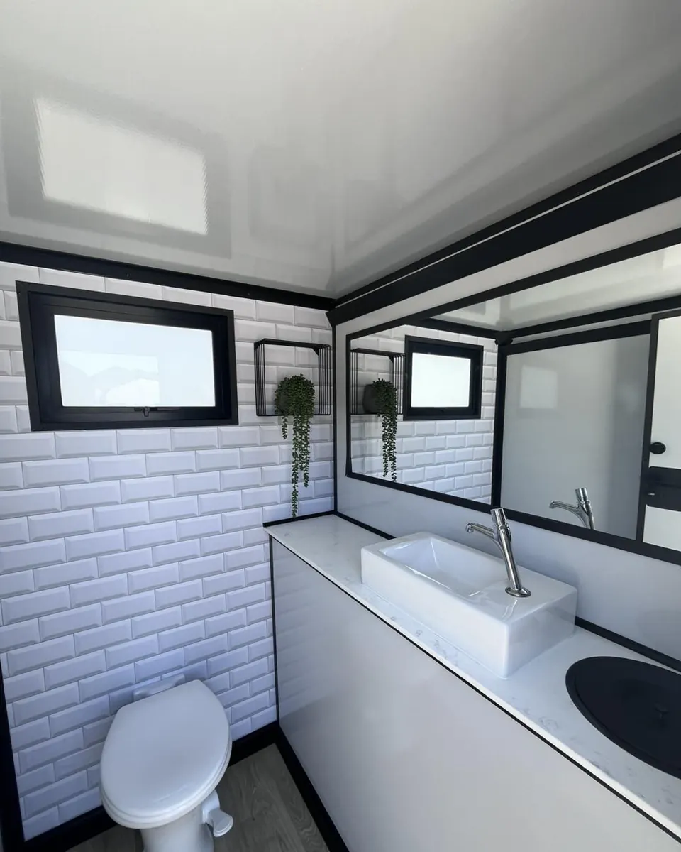 Sink and counter inside a restroom trailer